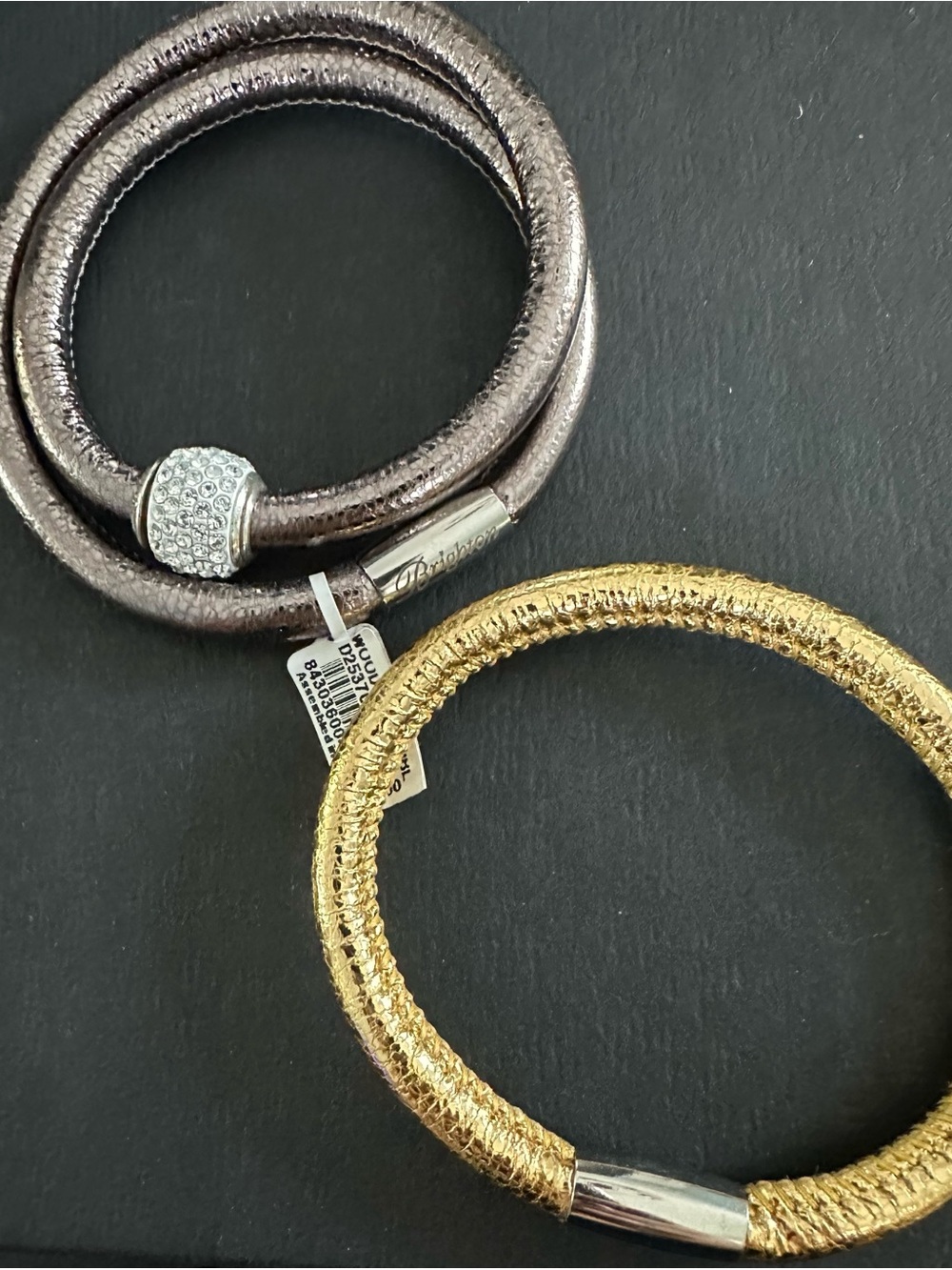 Brighton Pair of Gold and Silver Woodstock Metallic Leather Wrapped Bracelets